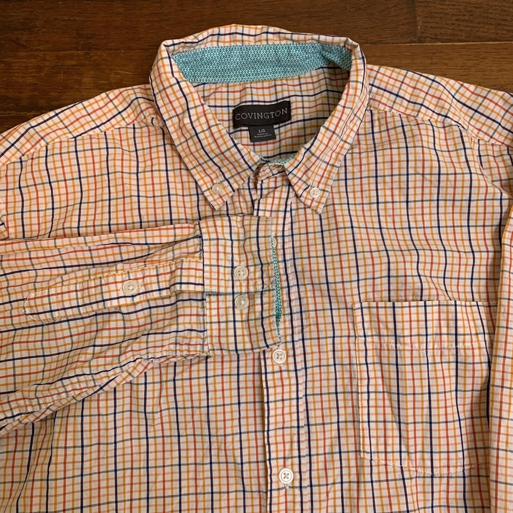 Covington Shirt Men Large Button Down Long Sleeve Multicolor Check 100% Cotton